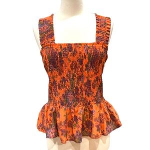 Anthropologie Orange Floral Smocked Peplum Tank